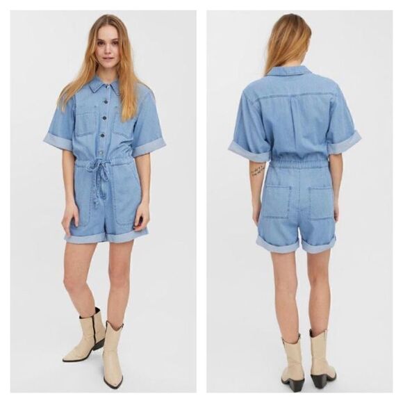 Vero Moda Vmilia Button-Down Short Sleeve Denim Playsuit L NWT - Picture 1 of 8